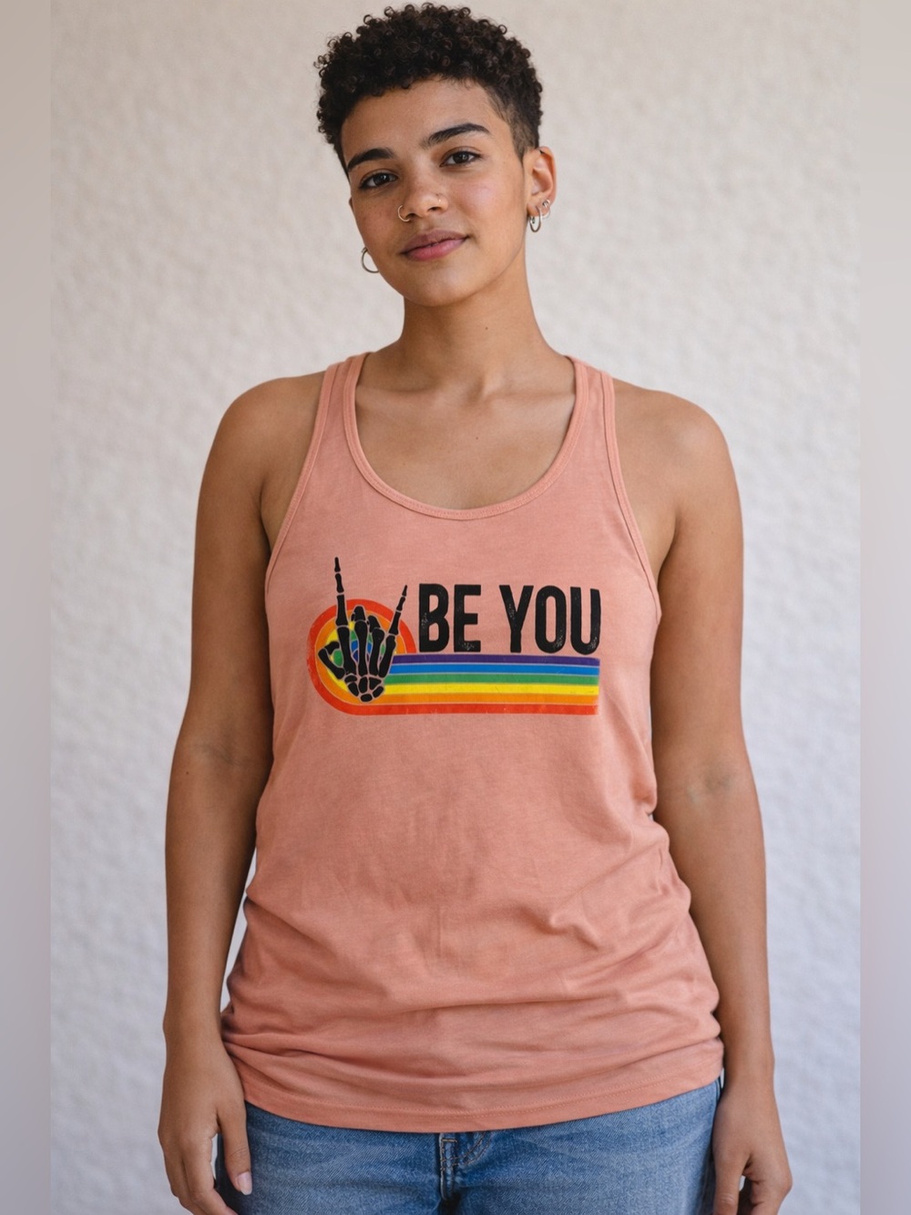 Pride Be You Skeleton Rainbow Tank Top Peach Salmon Rock On Size XXL